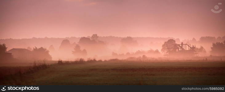 Autumn in Poland. Autumn foggy morning. September dawn in Poland