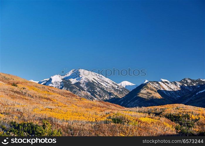 Autumn landscape at Kebler Pass in Colorado Rocky Mountains, USA. 