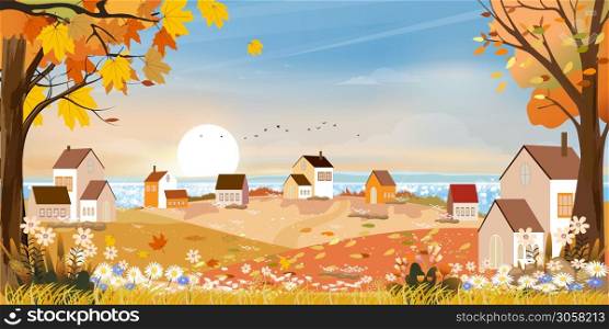 Autumn landscape at village by the lake with pink and blue sky,Panoramic Fall season at countryside by the sea with grass field, farmhouse, barn and wild flowers,Vector beautiful nature background