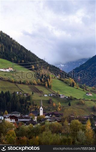 autumn landscape. beautiful view of the alpine villages against the backdrop of mountains