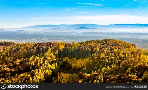 Autumn landscape, colorful forest trees in foreground and blue mountains in background. Autumn landscape