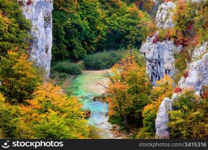 Autumn landscape in the mountains of Plitvice Lakes in Croatia