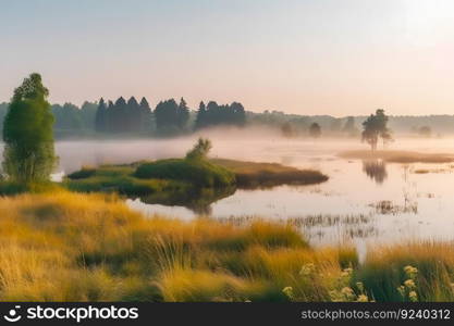 Autumn landscape near the lake. Neural network AI generated art. Autumn landscape near the lake. Neural network AI generated