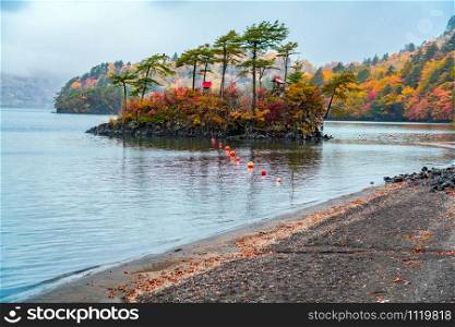 Autumn landscape of Lake Towada in raining day with the colorful foliage at the forest in the town of Yasumiya, Towada Hachimantai National Park, Aomori Prefecture, Japan.