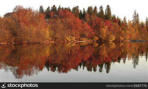 Autumn landscape of mirror lake and colorful trees