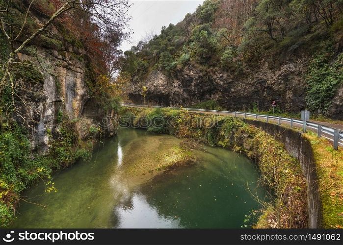 Autumn landscape, river in Somiedo natural park, Asturias, Spain.