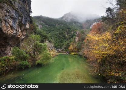 Autumn landscape, river in Somiedo natural park, Asturias, Spain.