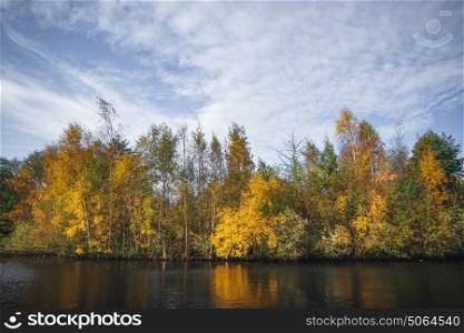 Autumn landscape with golden autumn leaves on the trees in the fall by a dark river with tree reflections in the water