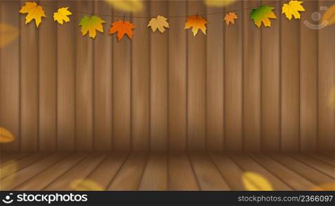 Autumn leaf hanging on brown wood background, illustration 3d studio room with perspective warm wooden floor texture.Fall backdrop banner with colourful leaves on wood wall panel
