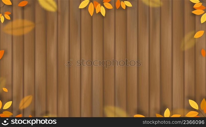 Autumn leaf on wood background, illustration natural wild leaves twigs climbing on brown fence plank.Fall backdrop banner with Wooden board panel with branches orange and yellow leaves border