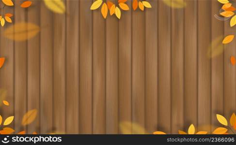 Autumn leaf on wood background, illustration natural wild leaves twigs climbing on brown fence plank.Fall backdrop banner with Wooden board panel with branches orange and yellow leaves border