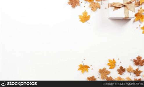 Autumn leaf with gift box border with white background.