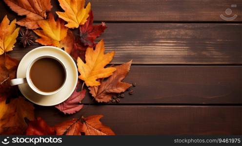 Autumn leaves and cup of coffee on wooden the table. Banner with copy space. Autumn relaxing and still life concept. Generative AI