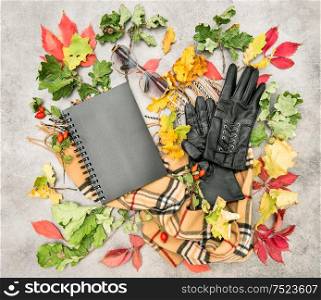 Autumn leaves and fashion accessories. Flat lay. Background for feminine website, bloggers, social media