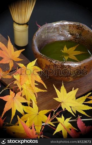 Autumn leaves and Japanese bowl