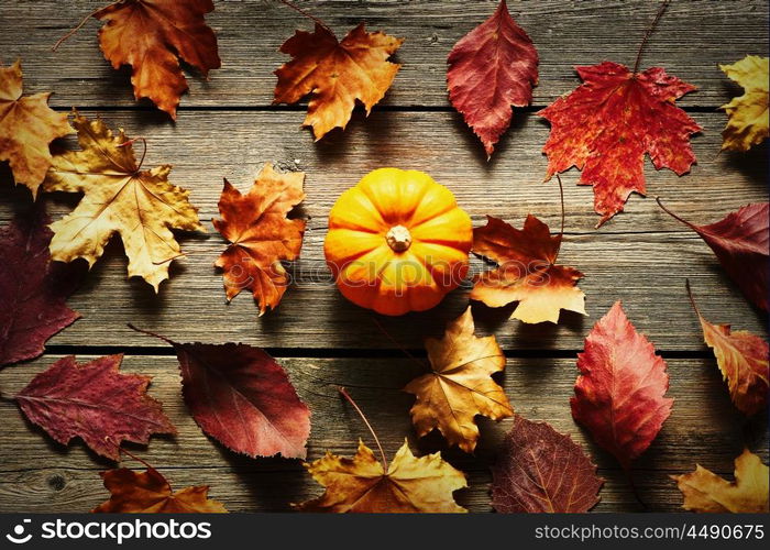 Autumn leaves and pumpkin over old wooden background