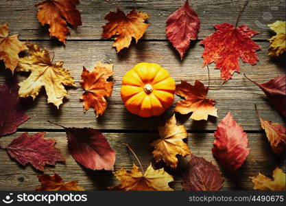 Autumn leaves and pumpkin over old wooden background