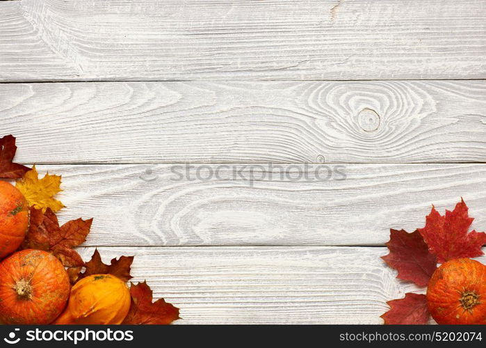 Autumn leaves and pumpkins over old wooden background with copy space