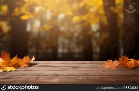 Autumn leaves are falling over an outdoor table.