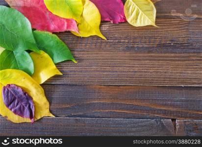 autumn leaves on the wooden background,yellow leaves and wooden boards