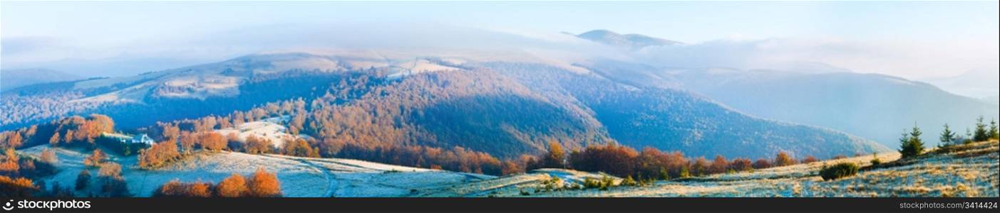Autumn misty morning mountain panorama (Carpathian , Ukraine). Five shots stitch image.