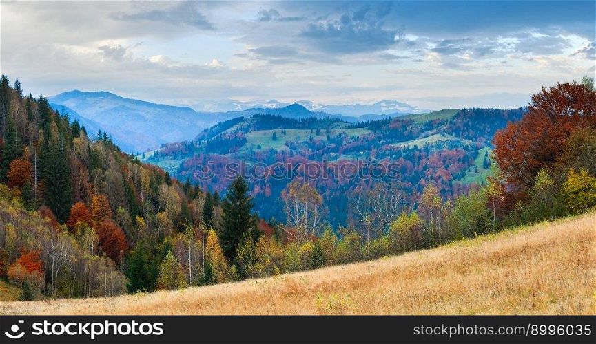 Autumn misty morning mountain panorama with haystack in front (Carpathian Mt&rsquo;s, Ukraine). Two shots stitch image.