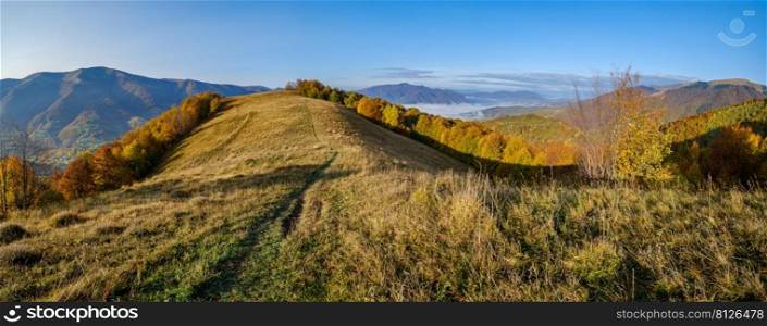 Autumn morning Carpathian Mountains calm picturesque scene, Ukraine. Peaceful traveling, seasonal, nature and countryside beauty concept scene.