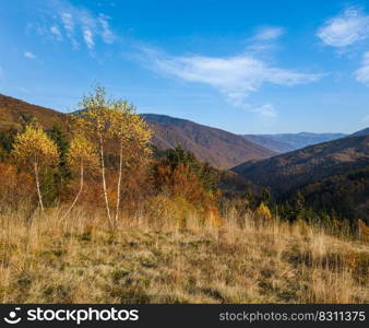 Autumn morning Carpathian Mountains calm picturesque scene, Ukraine. Peaceful traveling, seasonal, nature and countryside beauty concept scene.