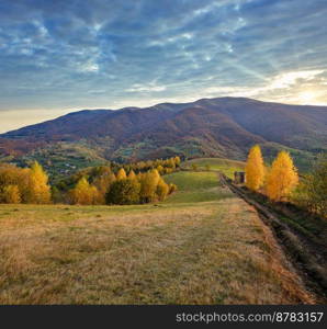 Autumn morning Carpathian Mountains calm picturesque scene, Ukraine. Peaceful traveling, seasonal, nature and countryside beauty concept scene.