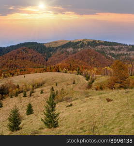 Autumn morning Carpathian Mountains calm picturesque scene, Ukraine. Peaceful traveling, seasonal, nature and countryside beauty concept scene.