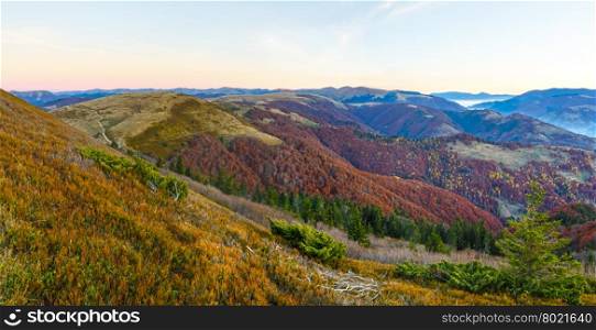 Autumn morning mountain landscape with colorful slopes and mist.