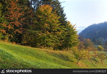 Autumn morning on mountain village surroundings. Three shots composite picture. Jaremche-Town outskirts, Ivano-Frankivsk Region, Ukraine.