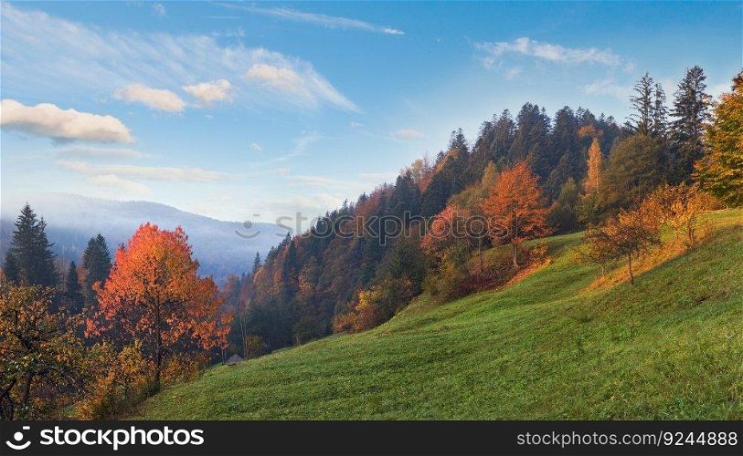Autumn morning on mountain willage surroundings. Jaremche Town outskirts, Ivano-Frankivsk Region, Ukraine.