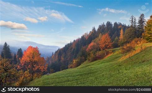 Autumn morning on mountain willage surroundings. Jaremche Town outskirts, Ivano-Frankivsk Region, Ukraine.