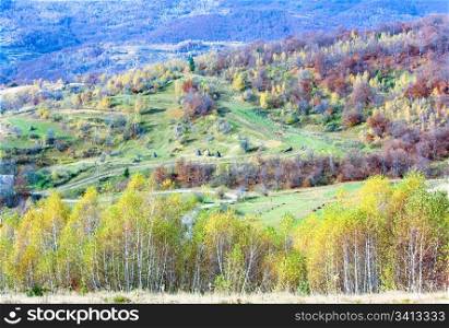 Autumn mountain country landscape with haystacks on hill(Carpathian, Ukraine).