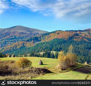 Autumn mountain country landscape with haystacks on slope (Carpathian, Ukraine).