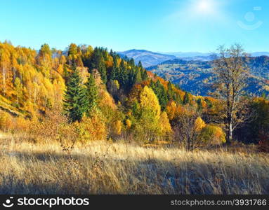 Autumn mountain Nimchich pass (Carpathian, Ukraine) and colorful trees on hill.