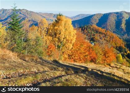 Autumn mountain Nimchich pass (Carpathian, Ukraine) and country road on hill.