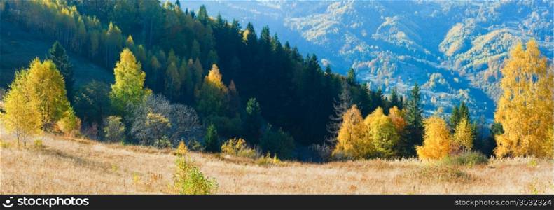 Autumn mountain panorama (Carpathian, Ukraine) and colorful trees on hill. Two shots composite picture.