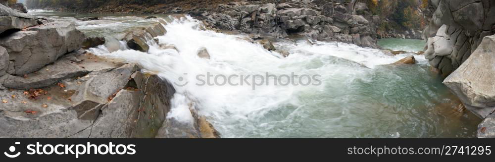 Autumn mountain river view with waterfall and bridge pier (Ukraine, Jaremcha). Nine shots composite picture.