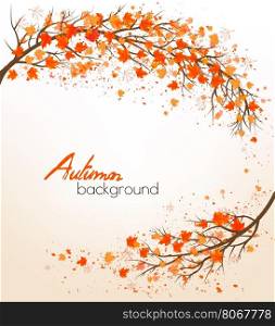 Autumn nature background with a tree and colorful leaves. Vector
