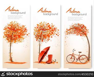 Autumn nature banners with colorful tree and a bicycle and umbrella. Vector