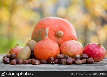 Autumn nature concept. Fall fruits outdoors on a wooden table