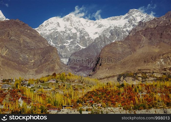 Autumn nature scenery of colorful trees in forest against snow capped Ultar Sar mountain peak in Karakoram range, Hunza Valley. Gilgit Baltistan, Pakistan.