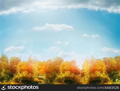 Autumn nature scenery with bushes and trees over beautiful sky background