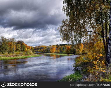 Autumn near Neris river. Panoramic view, autumn in a Neris regional park of a Lithuania