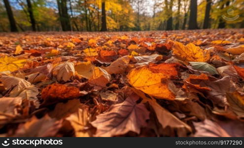 Autumn orange leaves background. Illustration Generative AI 