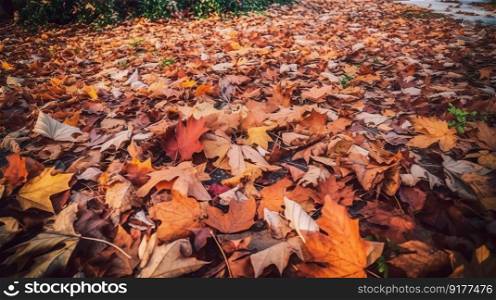 Autumn orange leaves background. Illustration Generative AI

