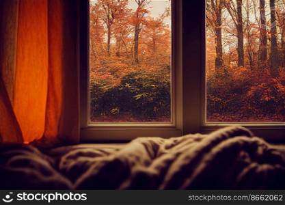 Autumn outside of a window 3d illustrated