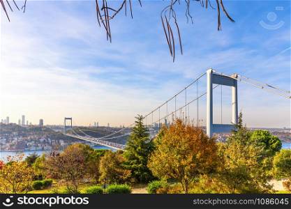 Autumn park Otagtepe and the Second Bosphorus Bridge, Istanbul.. Autumn park Otagtepe and the Second Bosphorus Bridge, Istanbul